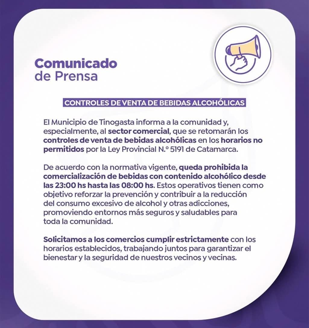TINOGASTA REFUERZA LOS CONTROLES DE ALCOHOLEMIA Y LIMITA LA VENTA DE BEBIDAS ALCOHÓLICAS
