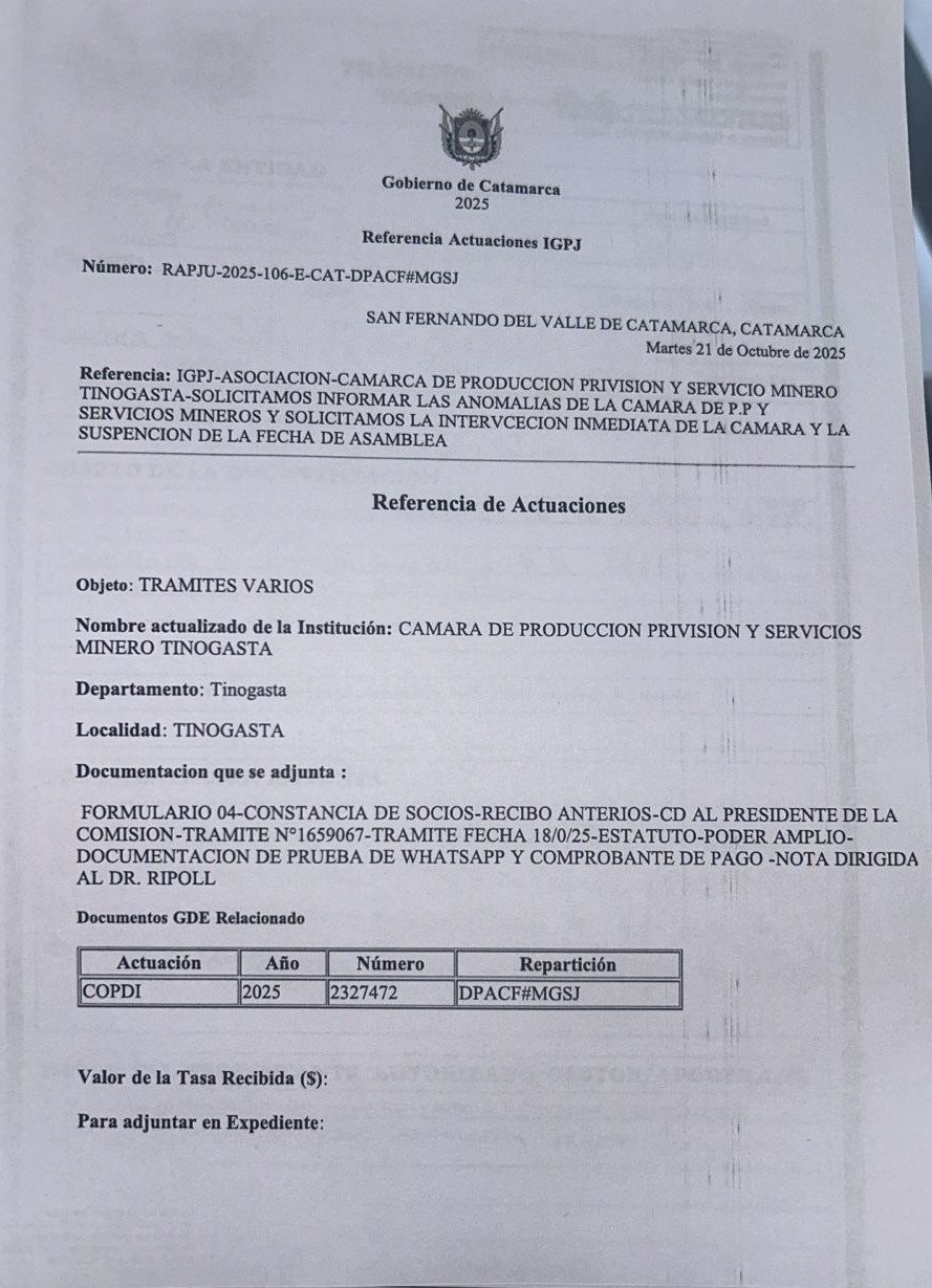 URGENTE, TINOGASTA: PIDEN NORMALIZACIÓN  DE LA CÁMARA DE PROVEEDORES MINEROS